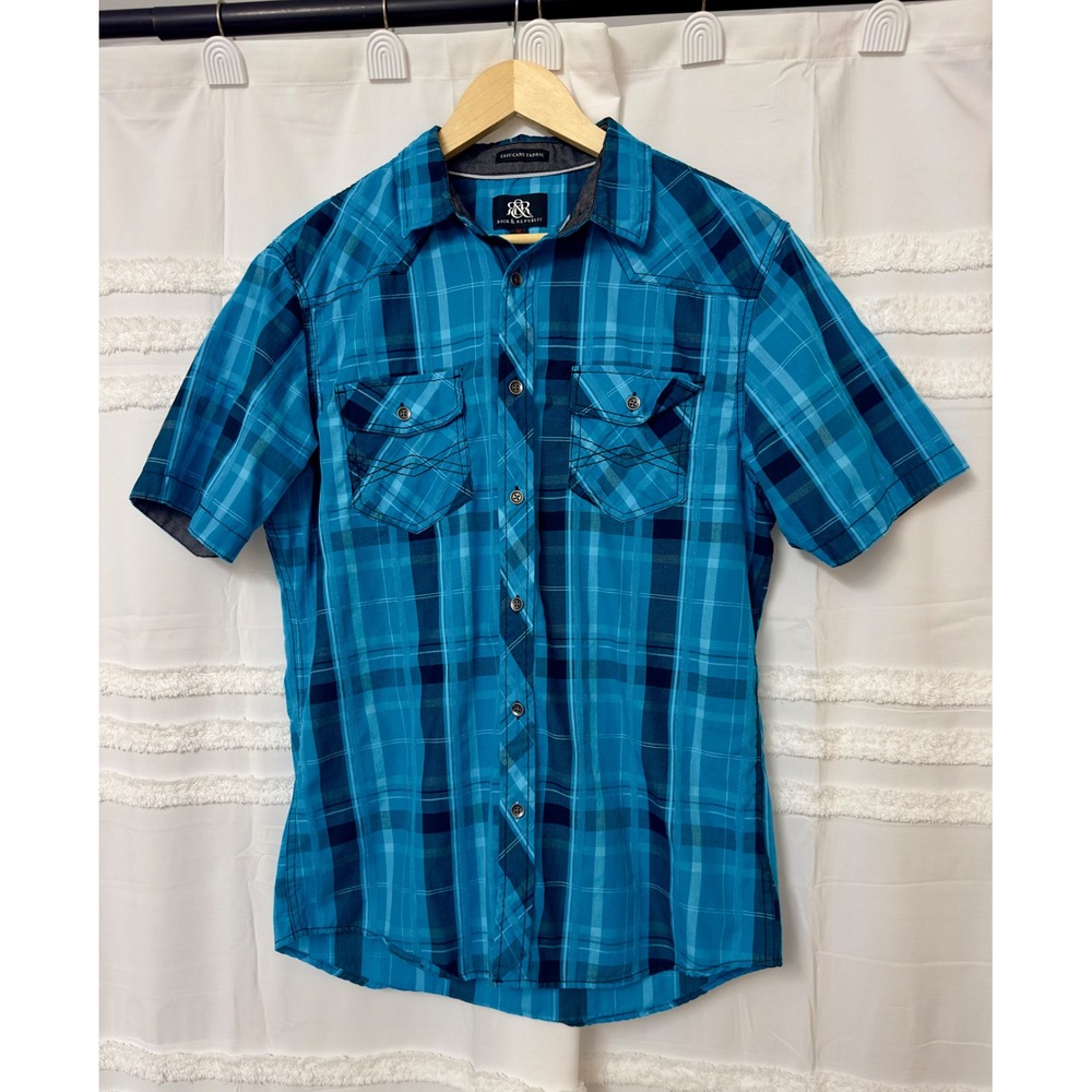 Rock & Republic Mens Blue Plaid‎ Western Cowboy Short Sleeve Button Down Shirt M